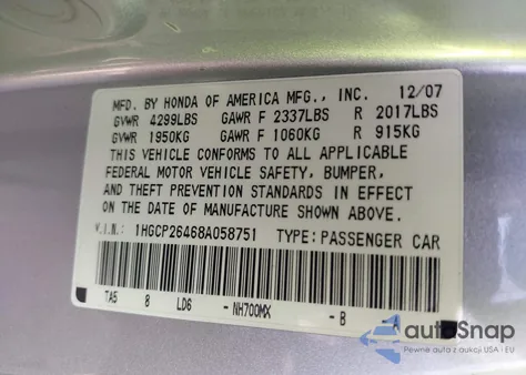 2008 Honda Accord 2.4 Lx-P z USA, uszkodzony, nr VIN 1HGCP26468A058751